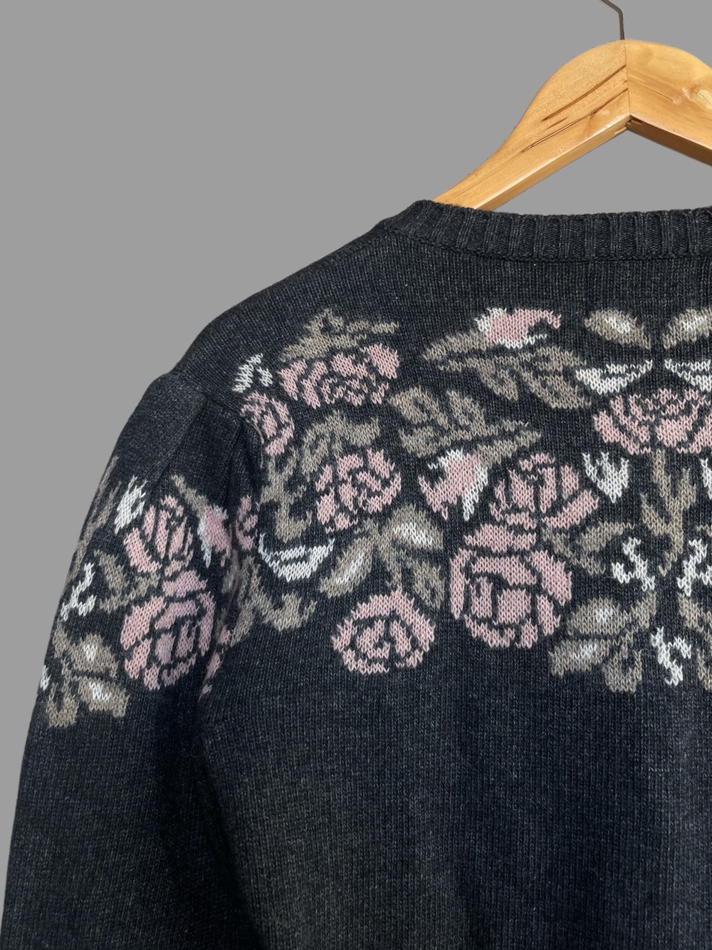 ROUJE Gray & Pink Floral Wool Cashmere Retro Robert Puff Sleeve Cardigan Sweater - Picture 4 of 13